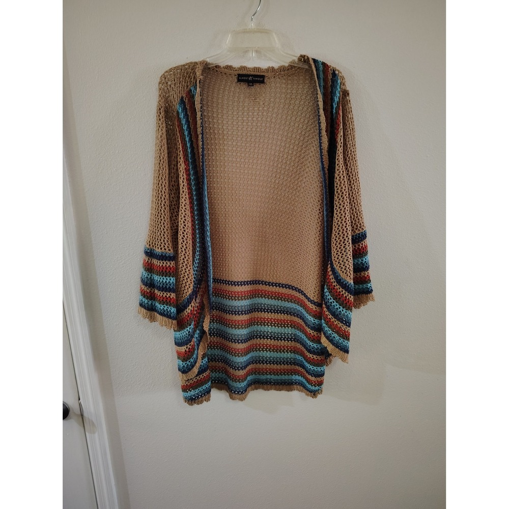 Almost Famous Tan Crochet Knit Cardigan Multi Color Stripe Boho Open Front 3X